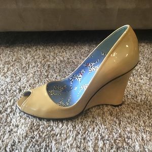 Stuart Weitzman patent leather peep toe wedges